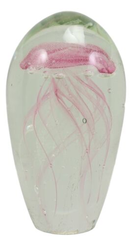 Ebros Gift Marine Glow In The Dark Pink Jellyfish 6"H Glass Egg With Color LED Base Display