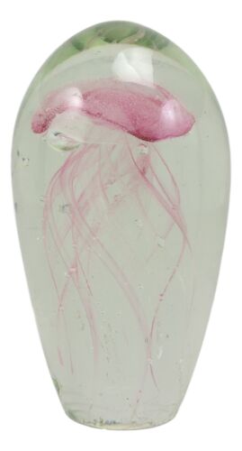 Ebros Gift Marine Glow In The Dark Pink Jellyfish 6"H Glass Egg With Color LED Base Display
