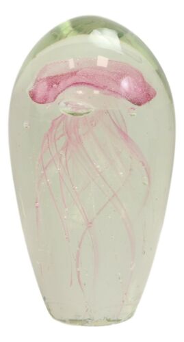 Ebros Gift Marine Glow In The Dark Pink Jellyfish 6"H Glass Egg With Color LED Base Display