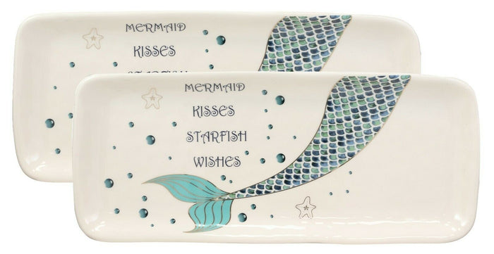 ebros gift Marine Mermaid Tail Kisses Starfish Wishes Ceramic Serving Platter Tray Set Of 2