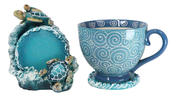 Ebros Gift Marine Turquoise Blue Waves Sea Turtle Mother And Hatchling Family Coaster Set