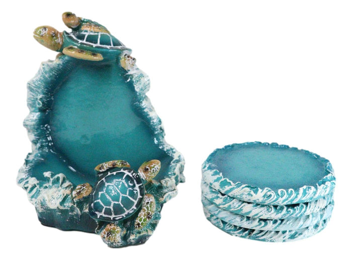 Ebros Gift Marine Turquoise Blue Waves Sea Turtle Mother And Hatchling Family Coaster Set