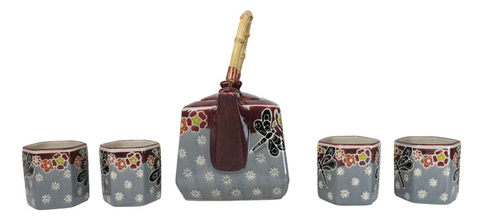 Ebros Gift Maroon Grey Tombo Dragonfly With Flowers Hexagonal Teapot With 4 Tea Cups Set