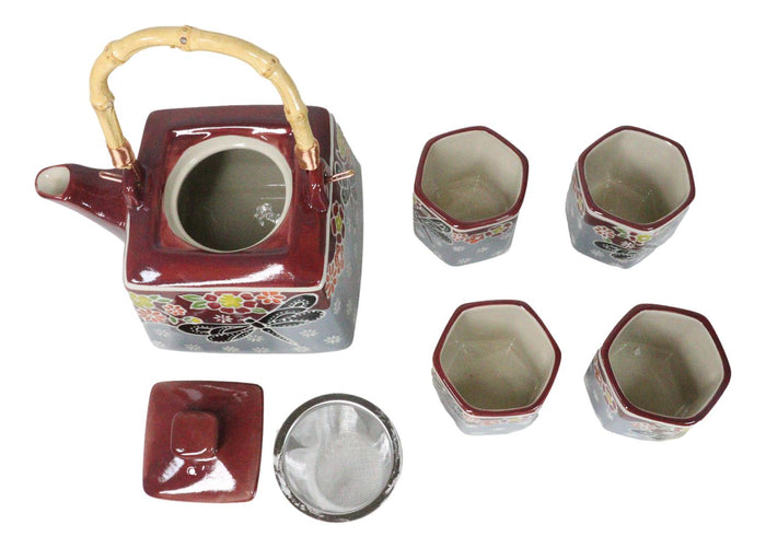 Ebros Gift Maroon Grey Tombo Dragonfly With Flowers Hexagonal Teapot With 4 Tea Cups Set