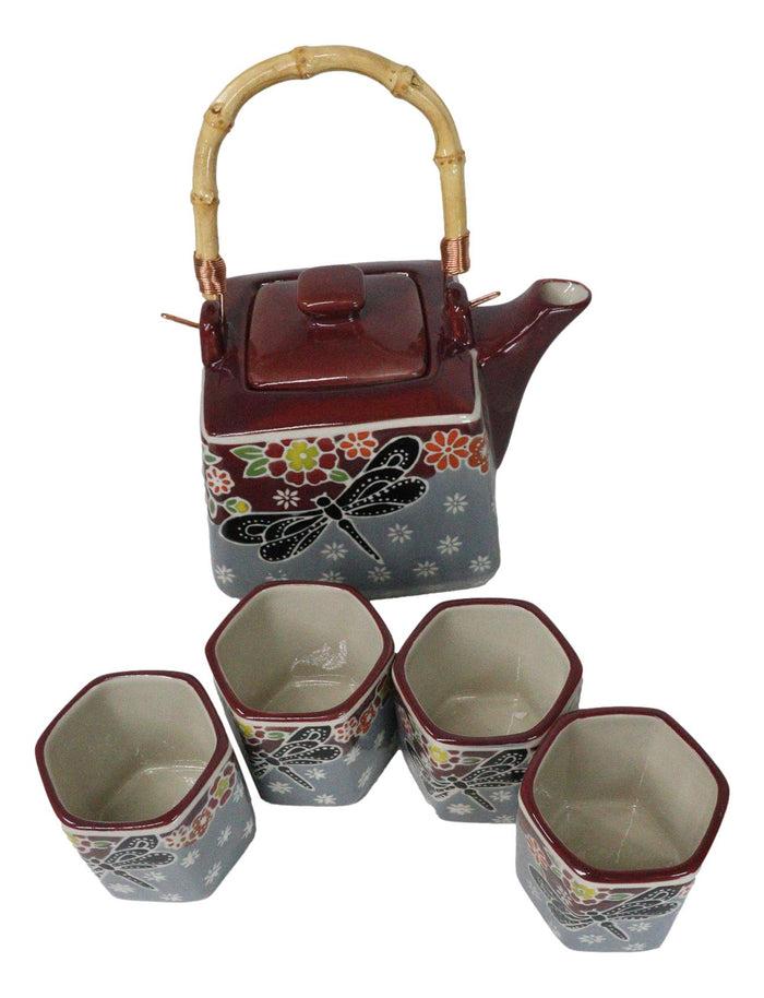 Ebros Gift Maroon Grey Tombo Dragonfly With Flowers Hexagonal Teapot With 4 Tea Cups Set