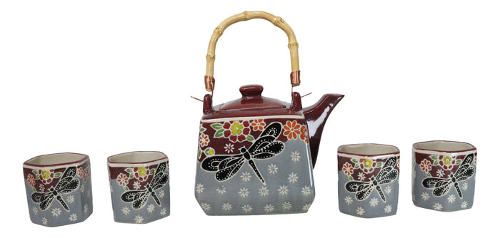 ebros gift Maroon Grey Tombo Dragonfly With Flowers Hexagonal Teapot With 4 Tea Cups Set