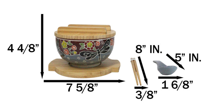 Ebros Gift Maroon Tombo Dragonfly Donburi Ramen Bowl With Lid Trivet Spoon Chopsticks Set