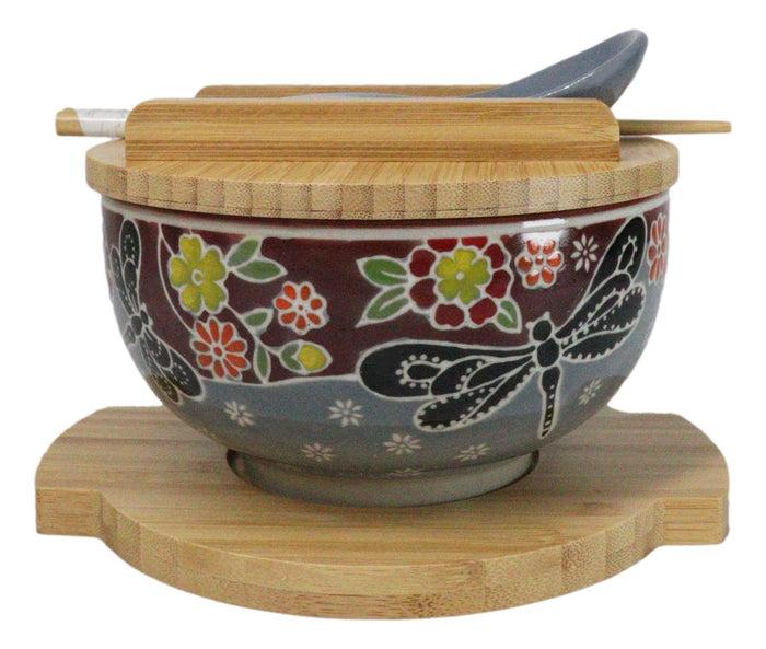 Ebros Gift Maroon Tombo Dragonfly Donburi Ramen Bowl With Lid Trivet Spoon Chopsticks Set