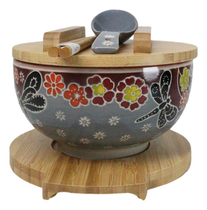 Ebros Gift Maroon Tombo Dragonfly Donburi Ramen Bowl With Lid Trivet Spoon Chopsticks Set