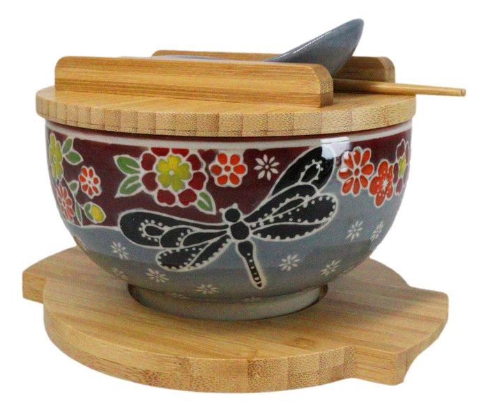 ebros gift Maroon Tombo Dragonfly Donburi Ramen Bowl With Lid Trivet Spoon Chopsticks Set