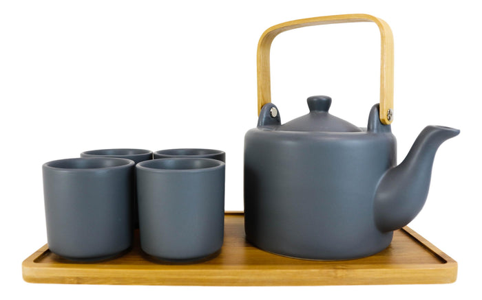 Ebros Gift Matte Black Modern Ceramic 28oz Tea Pot With 4 Cups And Bamboo Serving Tray Set