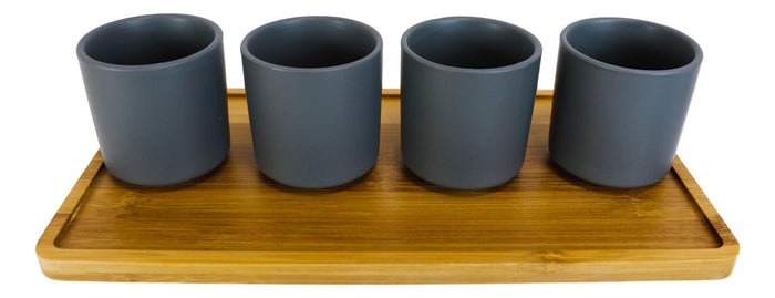 Ebros Gift Matte Black Modern Ceramic 28oz Tea Pot With 4 Cups And Bamboo Serving Tray Set