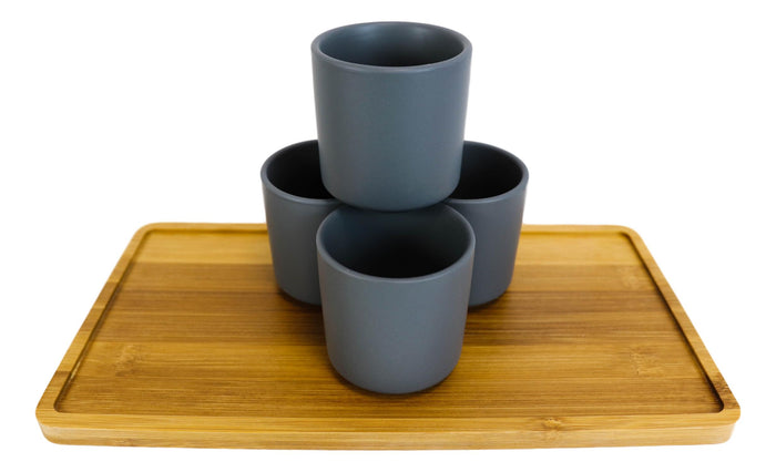 Ebros Gift Matte Black Modern Ceramic 28oz Tea Pot With 4 Cups And Bamboo Serving Tray Set