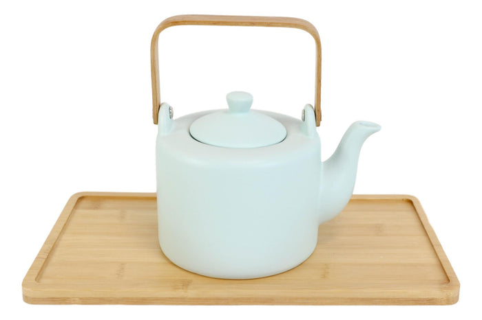 Ebros Gift Matte Green Modern Ceramic 28oz Tea Pot With 4 Cups And Bamboo Serving Tray Set