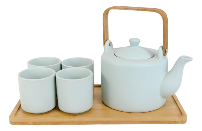 Ebros Gift Matte Green Modern Ceramic 28oz Tea Pot With 4 Cups And Bamboo Serving Tray Set