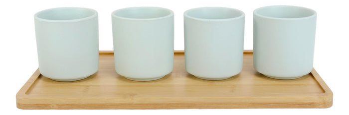 Ebros Gift Matte Green Modern Ceramic 28oz Tea Pot With 4 Cups And Bamboo Serving Tray Set