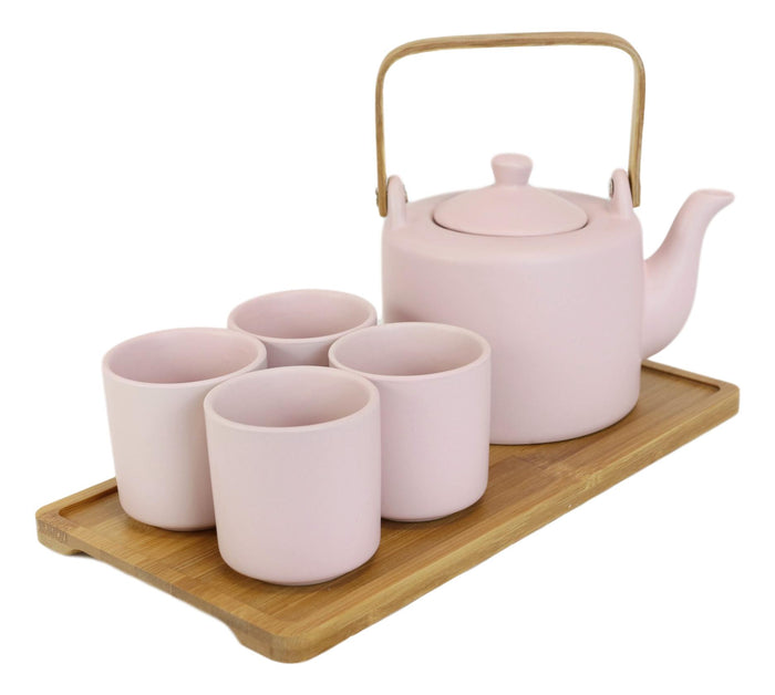 Ebros Gift Matte Pink Modern Ceramic 28oz Tea Pot With 4 Cups And Bamboo Serving Tray Set