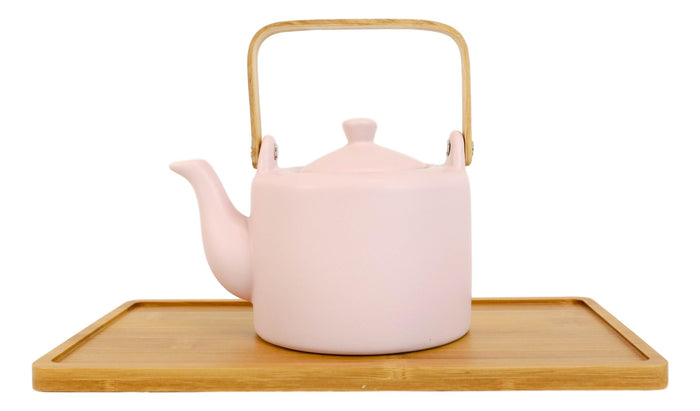 Ebros Gift Matte Pink Modern Ceramic 28oz Tea Pot With 4 Cups And Bamboo Serving Tray Set