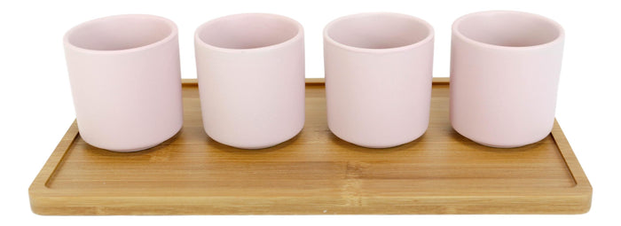 Ebros Gift Matte Pink Modern Ceramic 28oz Tea Pot With 4 Cups And Bamboo Serving Tray Set
