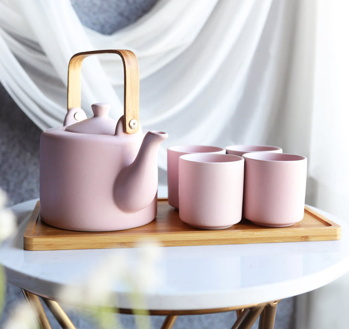 ebros gift Matte Pink Modern Ceramic 28oz Tea Pot With 4 Cups And Bamboo Serving Tray Set