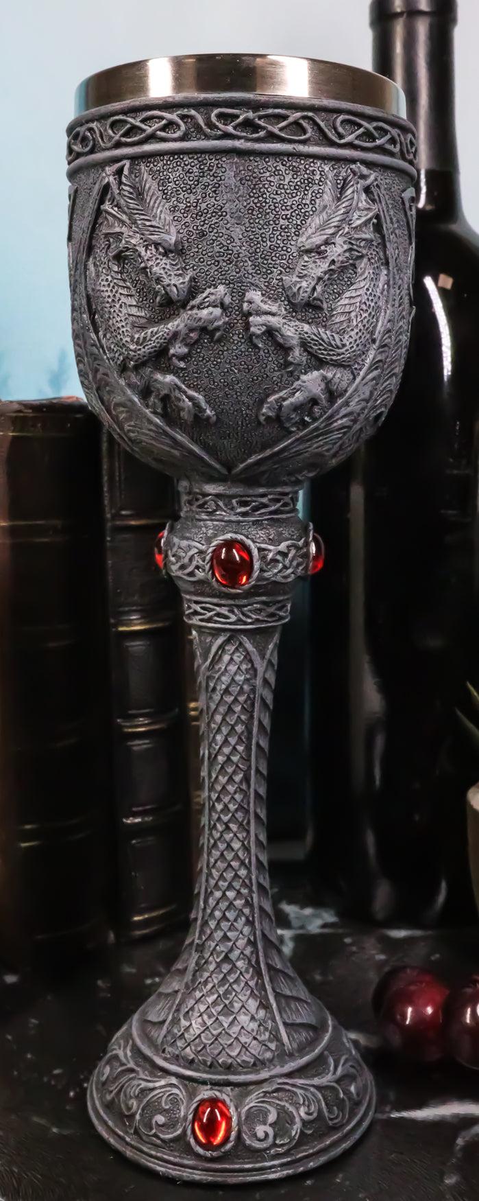 ebros gift Medieval Alchemy Dual Twin Dragons Guarding Blood Crystals Wine Goblet Chalice