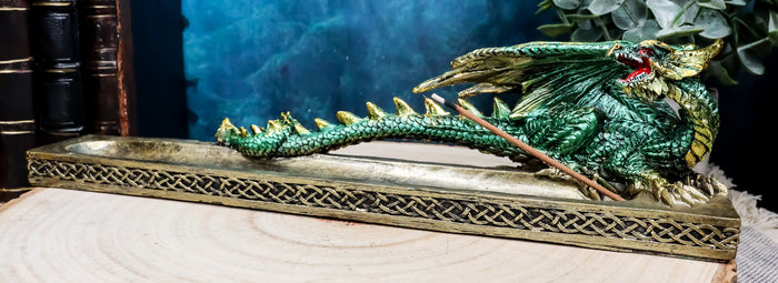ebros gift Medieval Celtic Green Dragon Roaring Incense Burner Holder Decorative Figurine