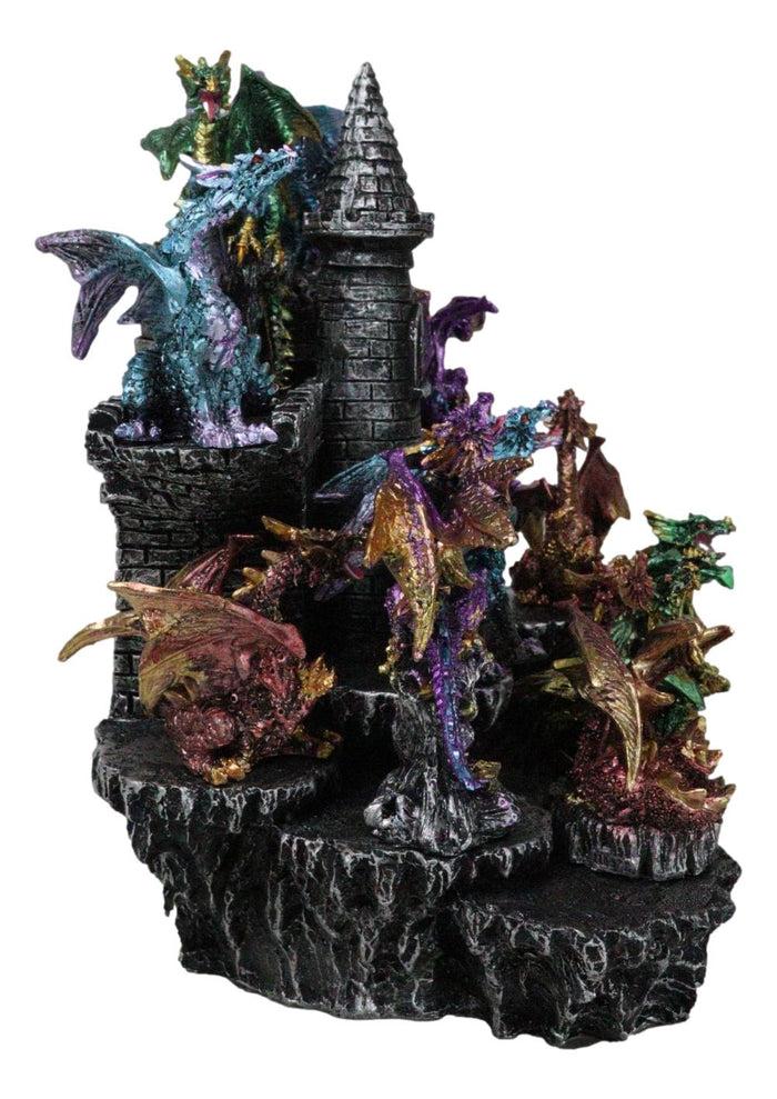 Ebros Gift Medieval Colorful 12 Mini Dragons On Mountain Stonewall Castle Display Stand Set