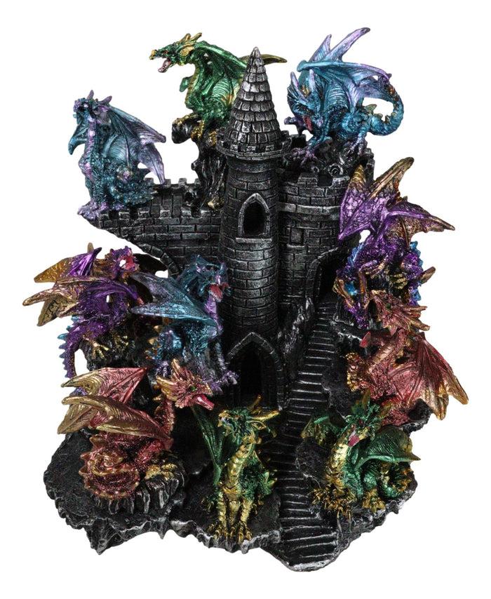 Ebros Gift Medieval Colorful 12 Mini Dragons On Mountain Stonewall Castle Display Stand Set