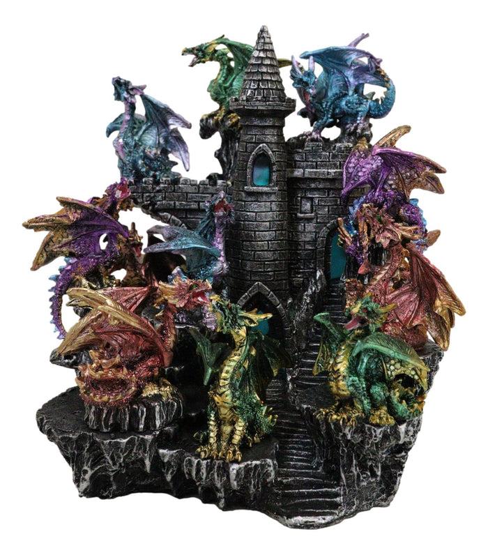 ebros gift Medieval Colorful 12 Mini Dragons On Mountain Stonewall Castle Display Stand Set