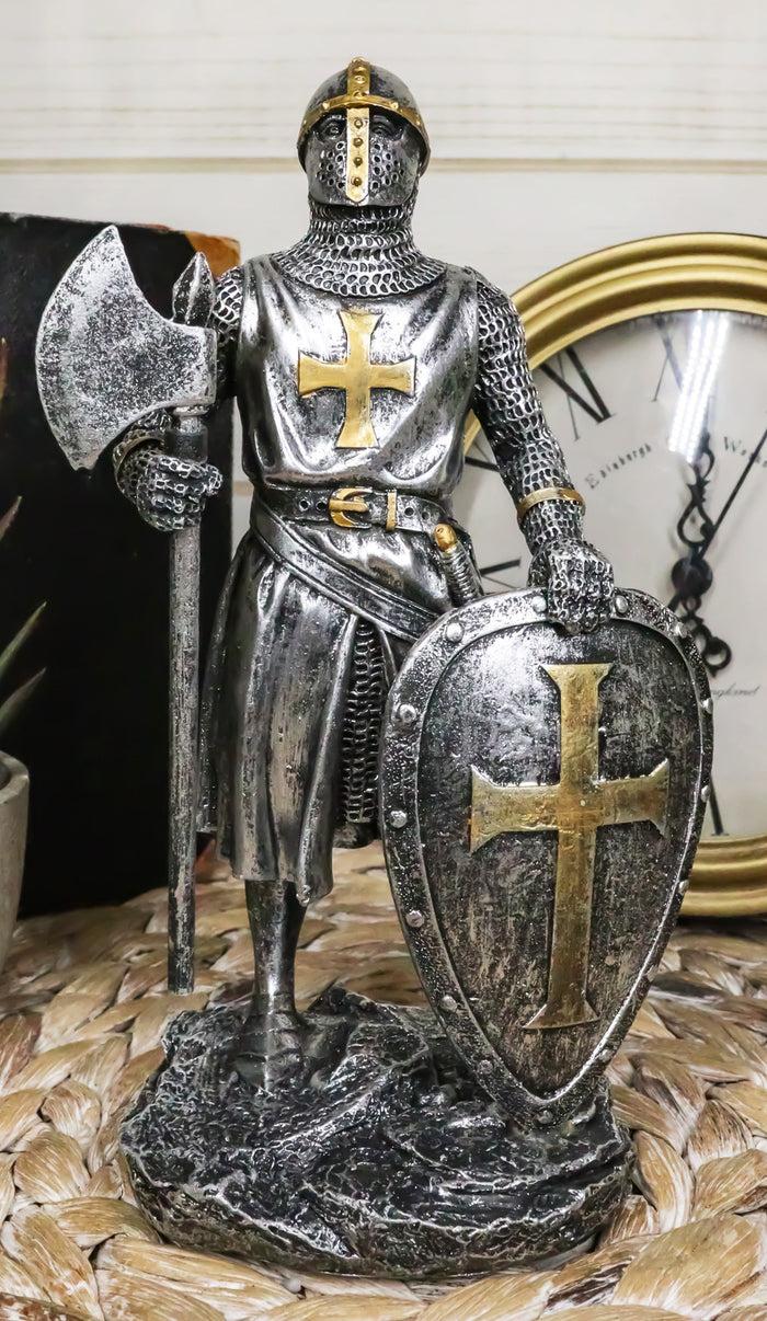 ebros gift Medieval Crusader Knight Of The Cross With Axe and Broad Shield Figurine 7"H