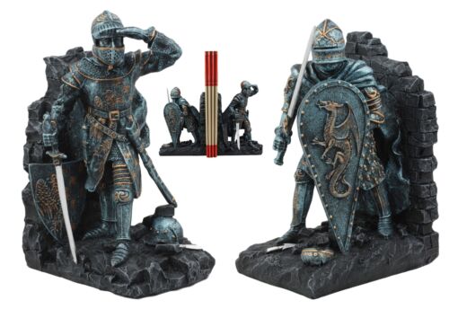 Ebros Gift Medieval Dragon Heraldry Knight Bookends Statue 8"Tall Set Suit Of Armor Knights