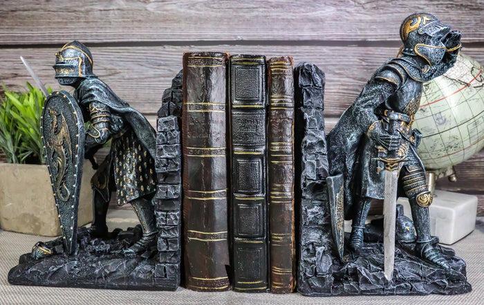 ebros gift Medieval Dragon Heraldry Knight Bookends Statue 8"Tall Set Suit Of Armor Knights
