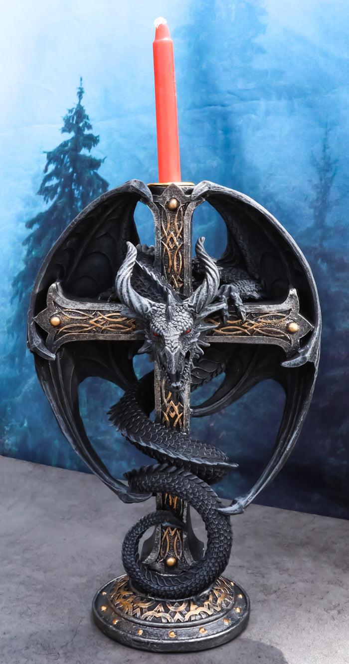 ebros gift Medieval Fantasy Altar Drake Dragon Coiled On Celtic Knotwork Cross Candleholder