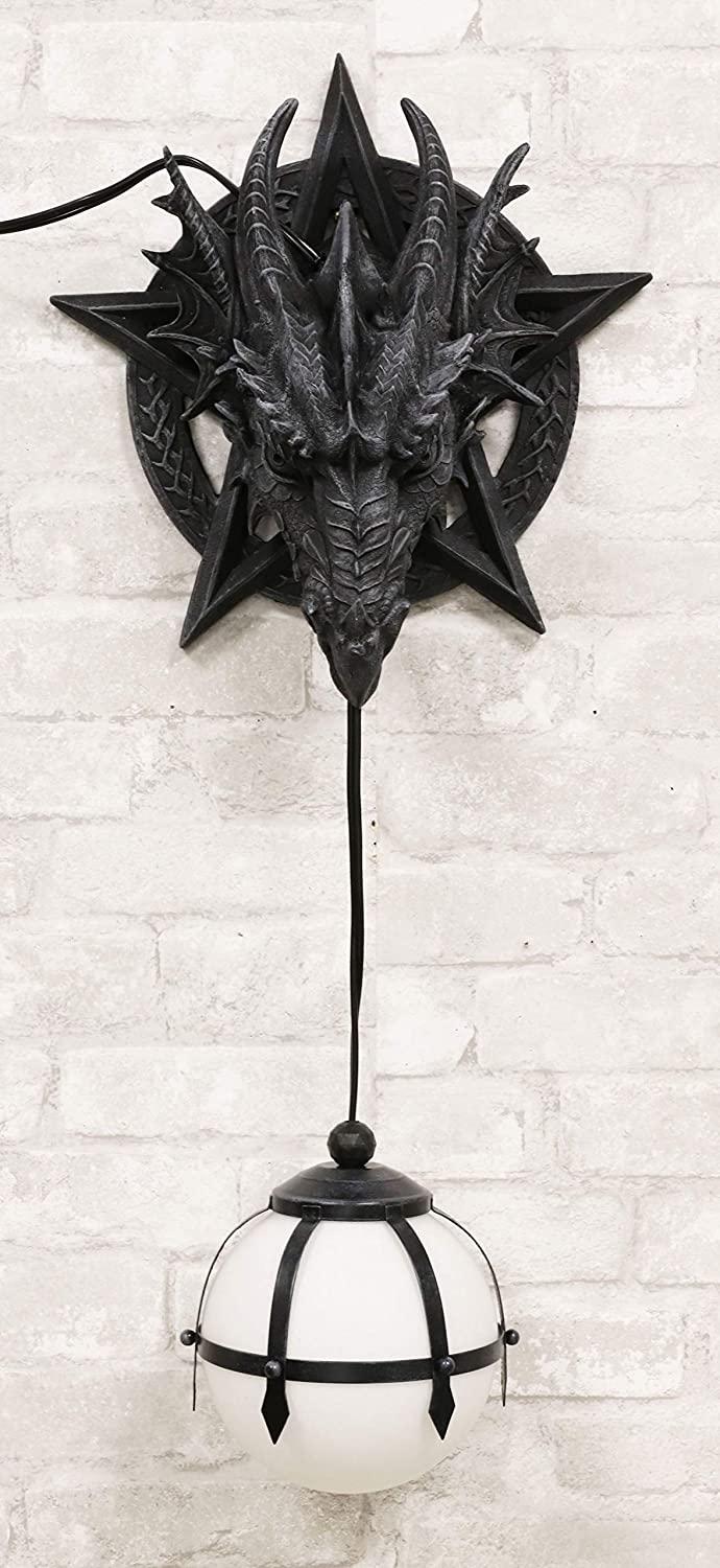 Ebros Gift Medieval Fantasy Pentagram Dragon Sculptural Wall Lamp With Hanging Light Orb