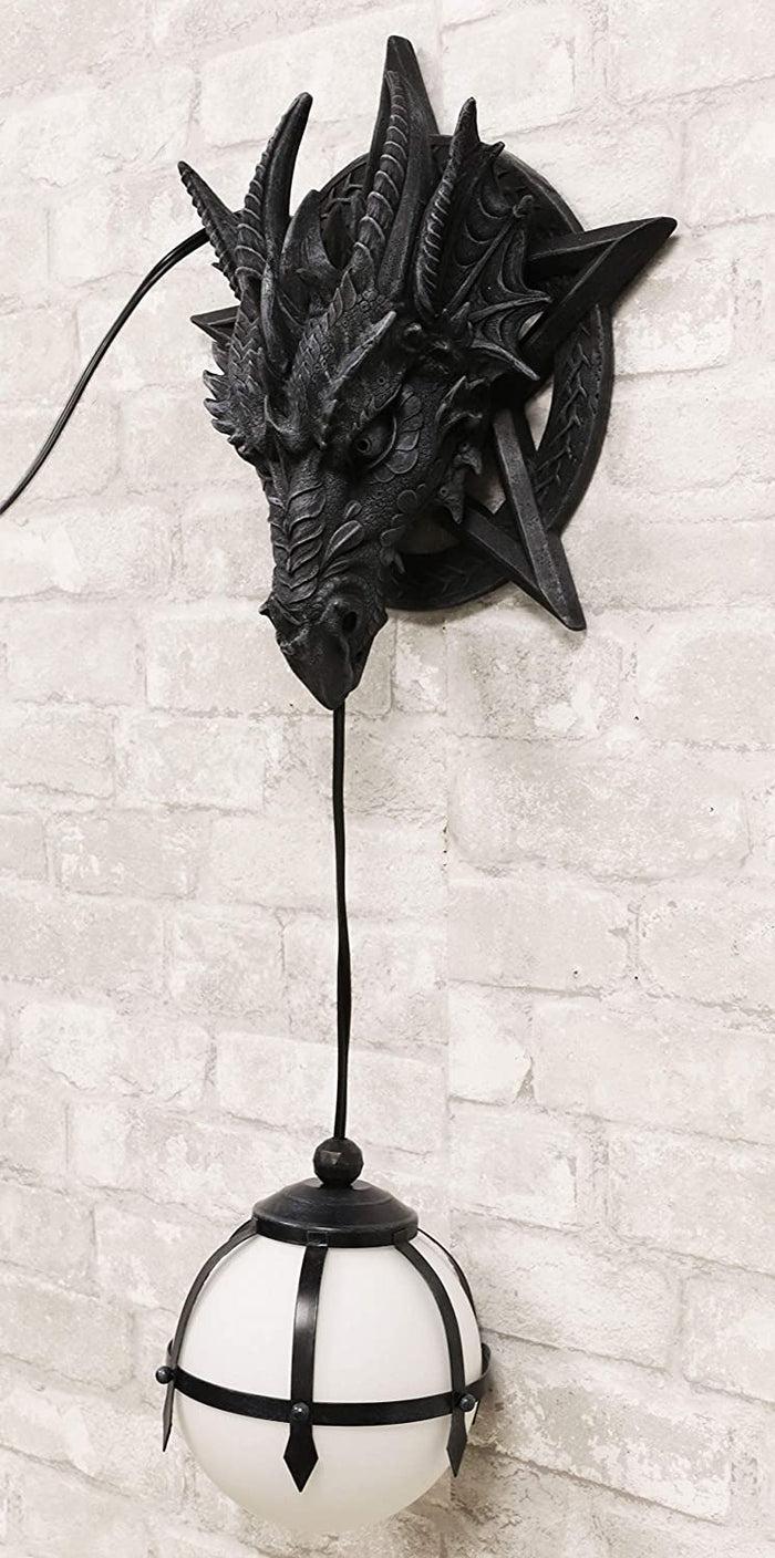 Ebros Gift Medieval Fantasy Pentagram Dragon Sculptural Wall Lamp With Hanging Light Orb