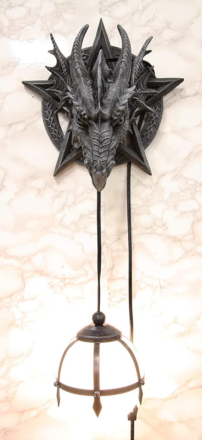 ebros gift Medieval Fantasy Pentagram Dragon Sculptural Wall Lamp With Hanging Light Orb