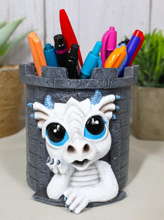 ebros gift Medieval Fantasy Whimsical White Wyrmling Dragon In Castle Tower Pen Holder
