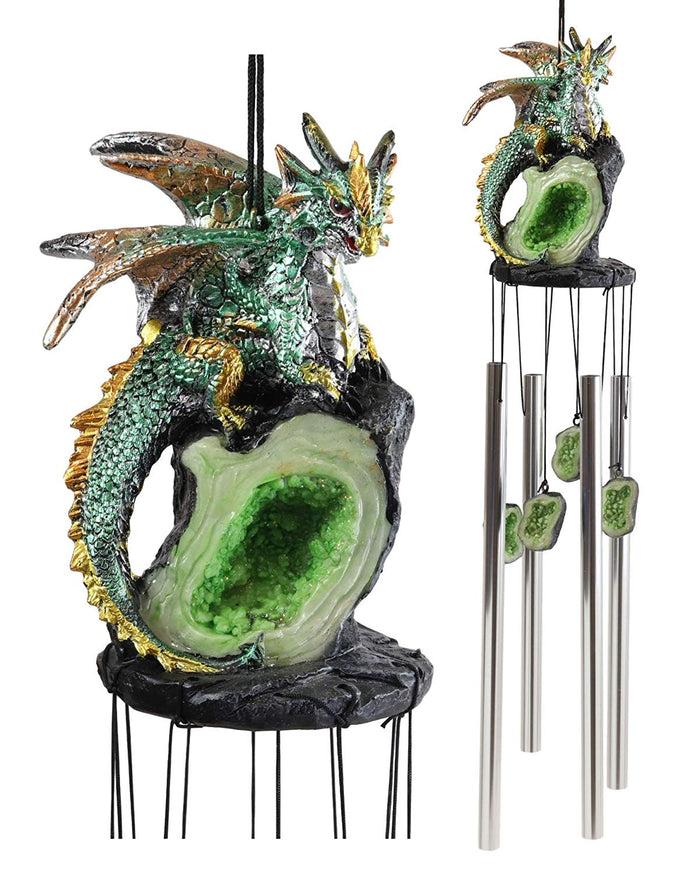 Ebros Gift Medieval Green Dragon Guarding Emerald Crystal Geode Rock Figurine Wind Chime