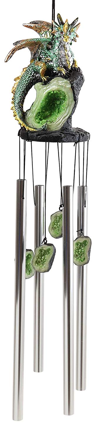 Ebros Gift Medieval Green Dragon Guarding Emerald Crystal Geode Rock Figurine Wind Chime