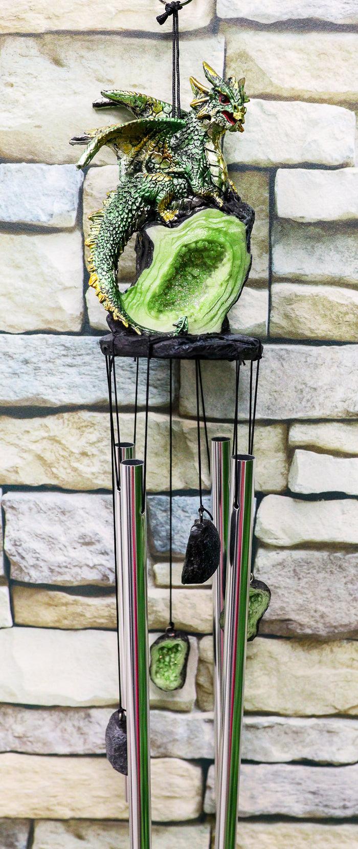 ebros gift Medieval Green Dragon Guarding Emerald Crystal Geode Rock Figurine Wind Chime