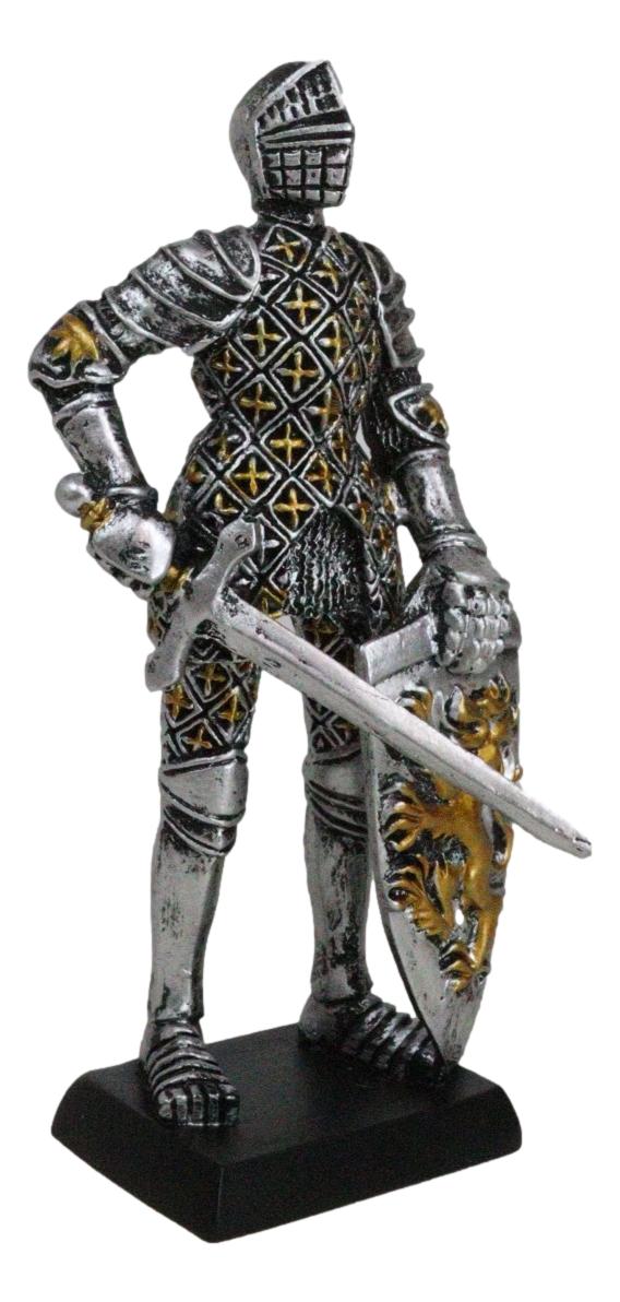 Ebros Gift Medieval Knight In Suit Of Armor With Sword Lion Heraldry Shield Mini Figurine
