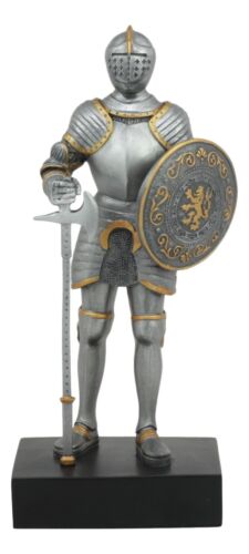 Ebros Gift Medieval Knight Statue 9"H With Heraldic Royal Lion Shield And Axe Suit Of Armor