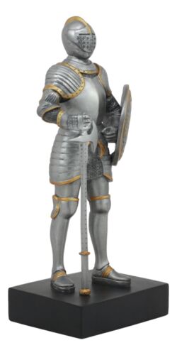 Ebros Gift Medieval Knight Statue 9"H With Heraldic Royal Lion Shield And Axe Suit Of Armor