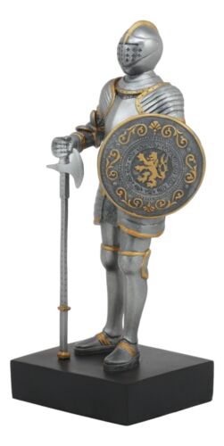 Ebros Gift Medieval Knight Statue 9"H With Heraldic Royal Lion Shield And Axe Suit Of Armor