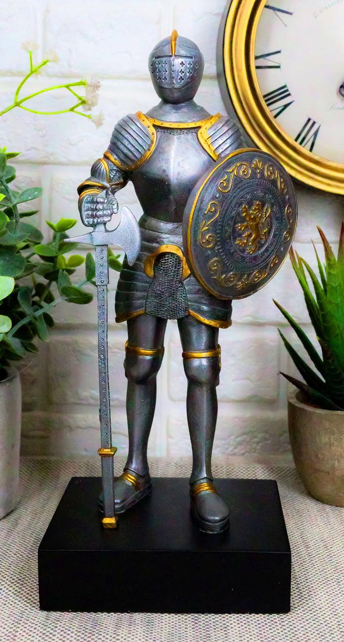 ebros gift Medieval Knight Statue 9"H With Heraldic Royal Lion Shield And Axe Suit Of Armor