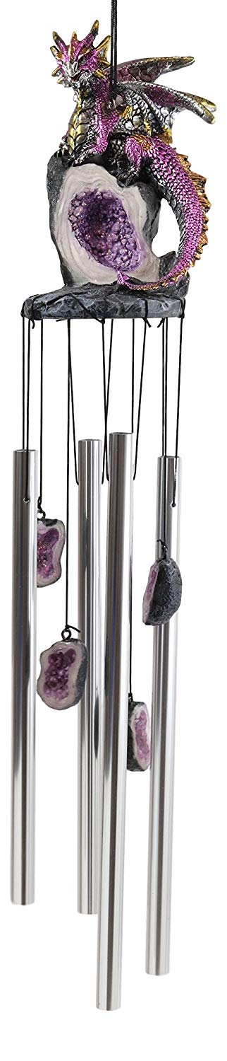 Ebros Gift Medieval Purple Dragon Guarding Topaz Crystal Geode Rock Figurine Wind Chime