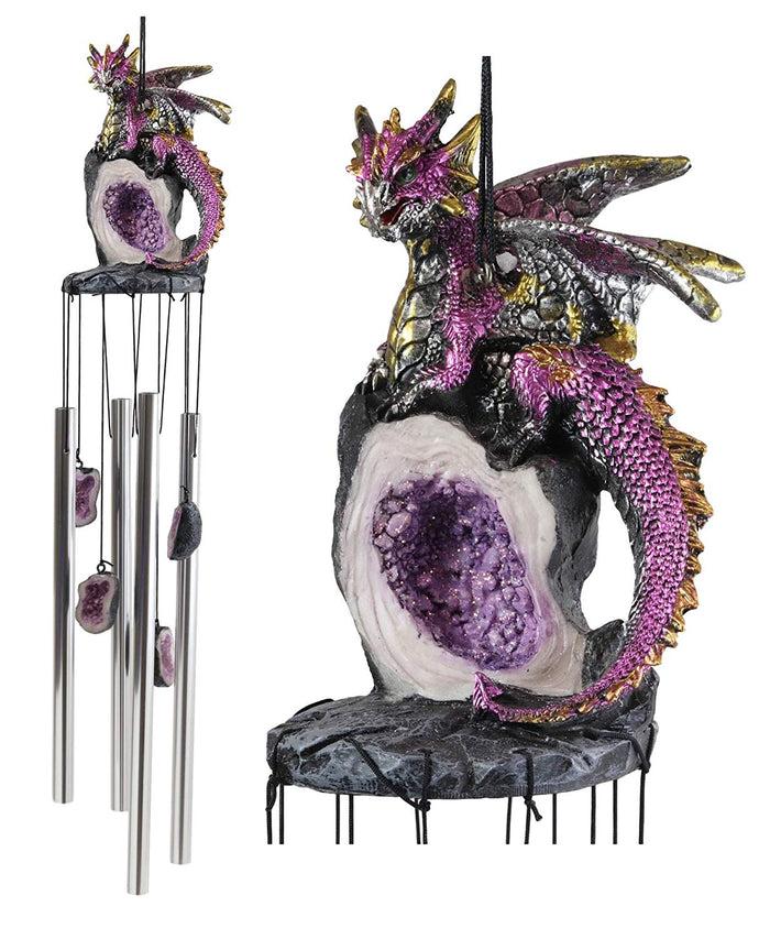 ebros gift Medieval Purple Dragon Guarding Topaz Crystal Geode Rock Figurine Wind Chime