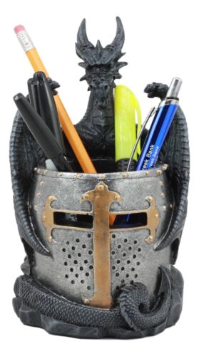 Ebros Gift Medieval Saint George Dragon Guarding Medieval Knight Helmet Pen Holder Statue