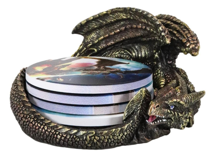 Ebros Gift Medieval Smaug Dragon Coaster Set Sleeping Drake Holder With Four Coasters Decor
