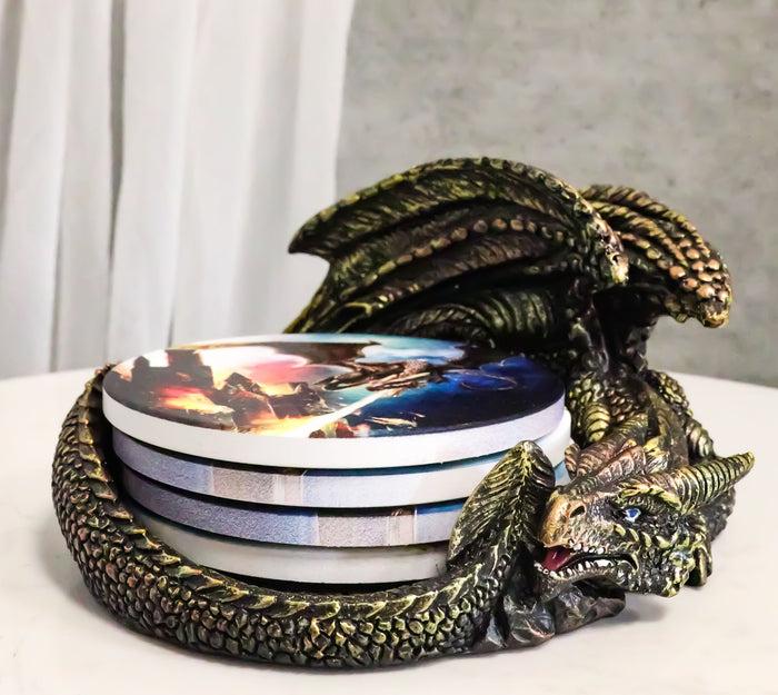 ebros gift Medieval Smaug Dragon Coaster Set Sleeping Drake Holder With Four Coasters Decor